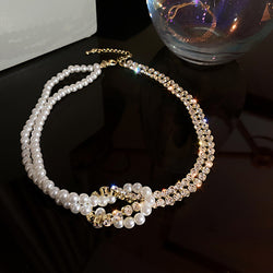 Image of Pearl Crystal Choker Necklaces For Women Short Chain Rhinestone Necklaces Statement Jewelry