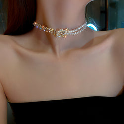 Image of Pearl Crystal Choker Necklaces For Women Short Chain Rhinestone Necklaces Statement Jewelry