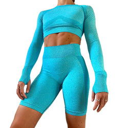 Image of Long-sleeved Yoga Set Women Seamless Gym Tops Shorts