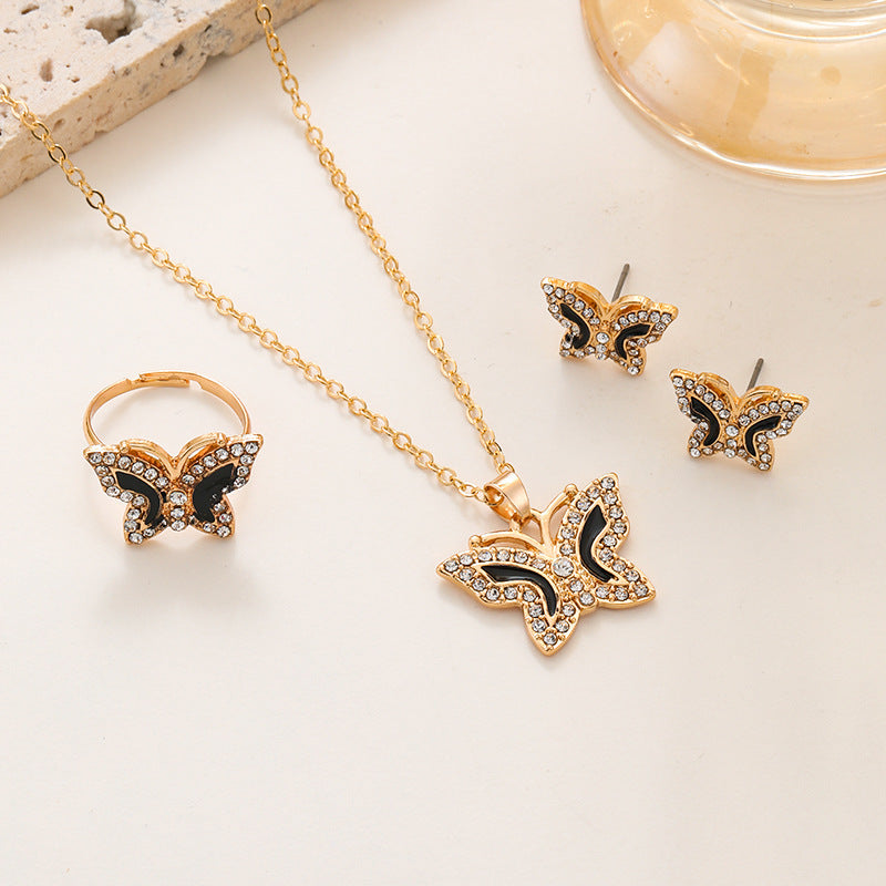 Diamond Butterfly Necklace Ring Earings Set