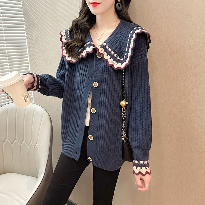 Loose Western Style Doll Collar Knitted Sweater For Outer Wear