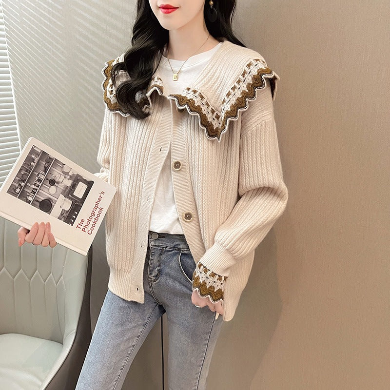 Loose Western Style Doll Collar Knitted Sweater For Outer Wear