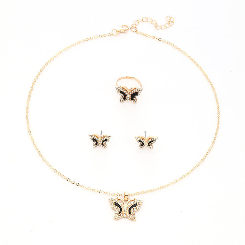 Diamond Butterfly Necklace Ring Earings Set