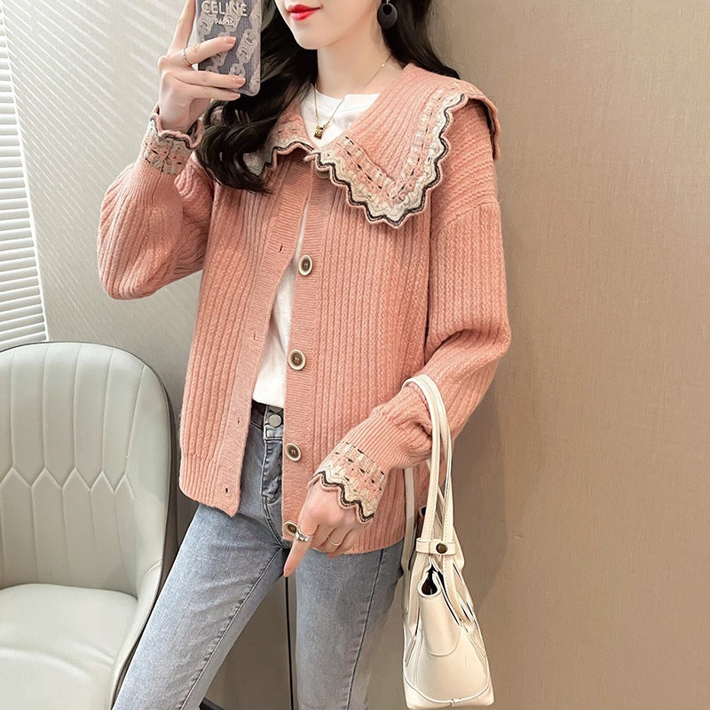 Loose Western Style Doll Collar Knitted Sweater For Outer Wear