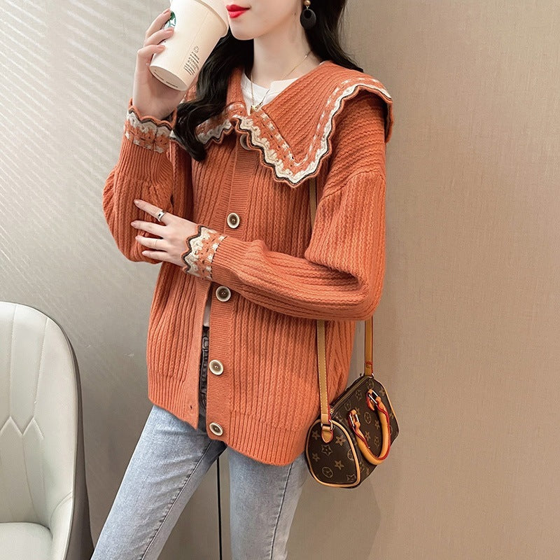 Loose Western Style Doll Collar Knitted Sweater For Outer Wear