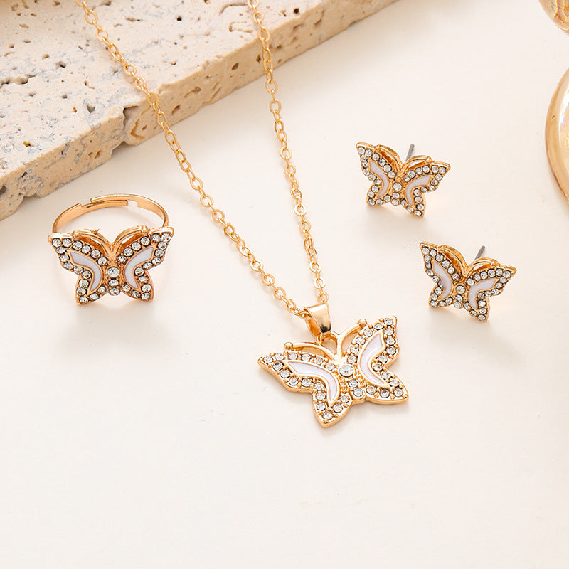 Diamond Butterfly Necklace Ring Earings Set