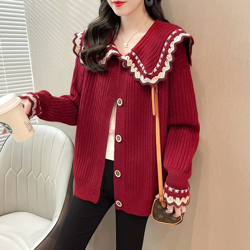 Loose Western Style Doll Collar Knitted Sweater For Outer Wear