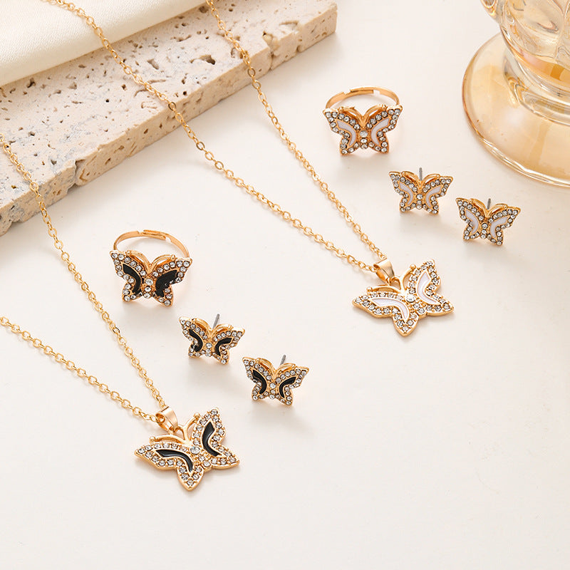 Diamond Butterfly Necklace Ring Earings Set